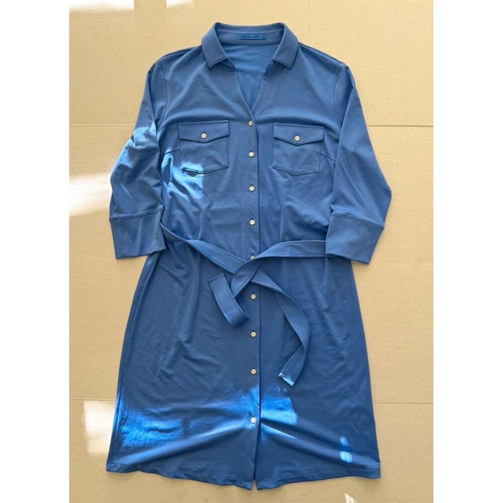 J. McLaughlin Brynn Shirt Dress L 3/4 Sleeve Button Front Belted Pockets Stretch